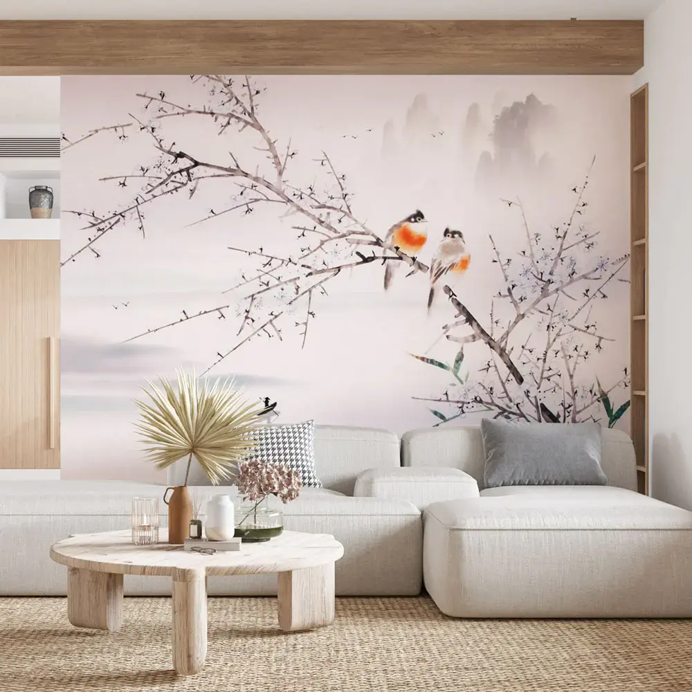 papier peint zen arbre avec oiseaux