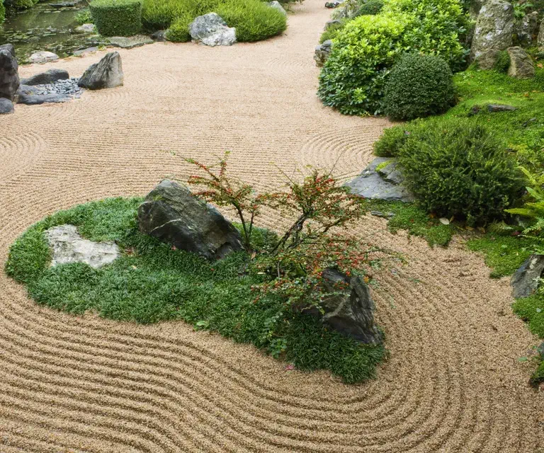 Jardin zen avec gravier ratissé