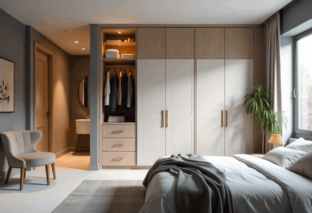 Intérieur de chambre moderne et épurée, avec moquette blanche, murs gris doux et un grand placard à portes coulissantes alternant bois foncé et blanc laqué. Le placard est ouvert, révélant des tiroirs, des cintres avec vêtements colorés et des boîtes de rangement sur l’étagère supérieure. Une lumière naturelle douce éclaire la pièce. Une salle de bain est visible à l’arrière-plan à travers une ouverture murale. Un lit contemporain avec linge blanc et une table de chevet en bois foncé sont visibles au premier plan. Aucune fenêtre ni rideau visible. Ambiance lumineuse, réaliste, style haut de gamme et soigné, rendu photoréaliste.