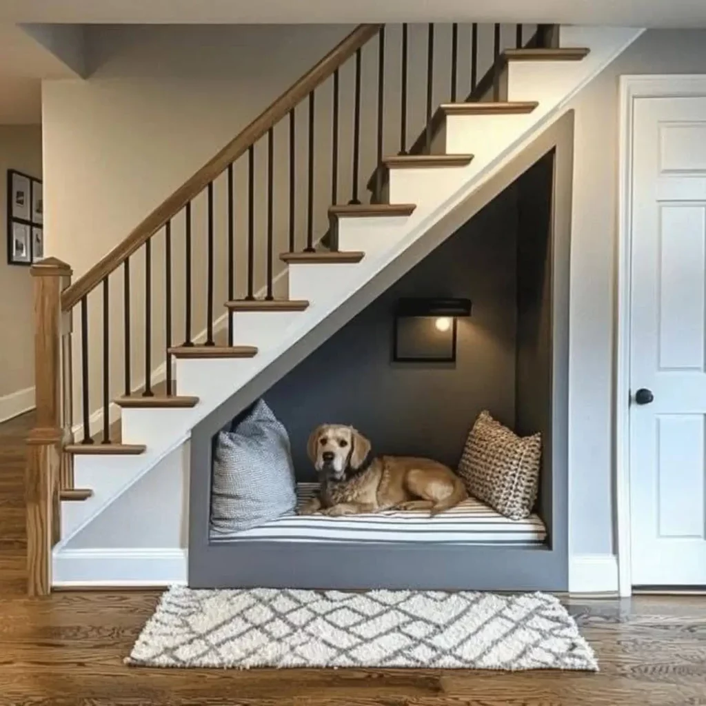 idées aménagement rangement sous escaliers animal de compagnie chien chat niche