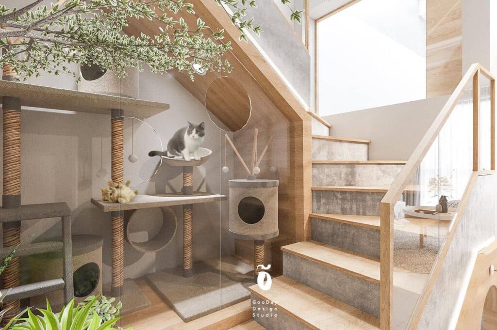 idée aménagement sous escaliers chat  refuge spécial pour chat rangement coin chat litière arbre à chats