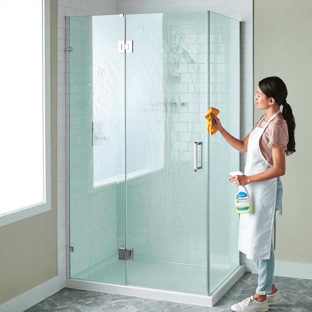 femme nettoie trace de calcaire sur une paroi de douche