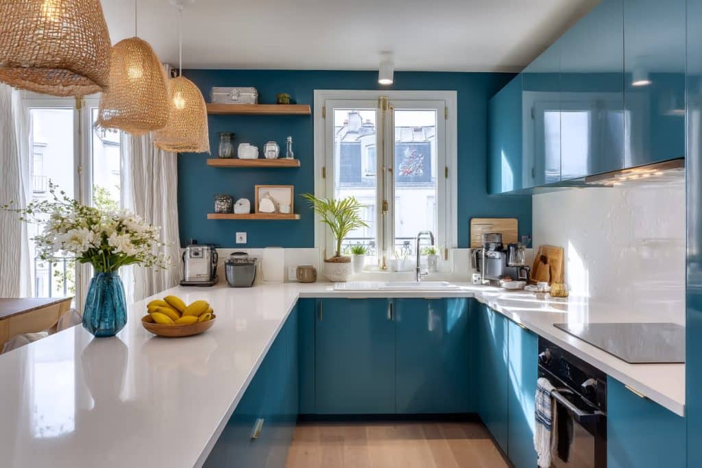 cuisine bleu canard plan de travail blanc mur bleu canard suspension bohème tendance chic