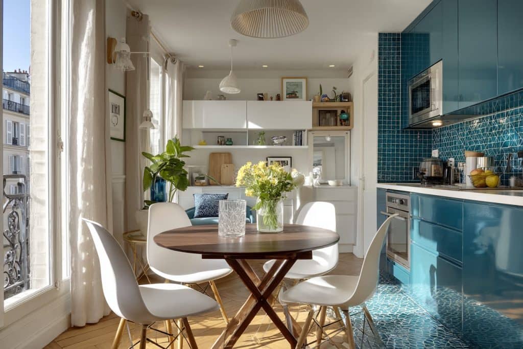 petite cuisine parisienne design bleu canard et blanche avec salle à manger de 4 personnes