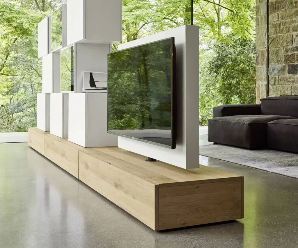 Meuble TV pivotant sépare deux pièces salon et salle à manger