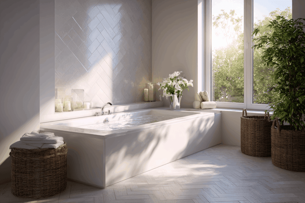 salle de bain moderne avec une baignoire blanche sol chevron