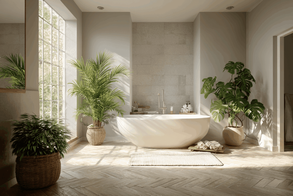 image ultra-réaliste d’une salle de bain moderne avec une baignoire blanche avec des plantes
