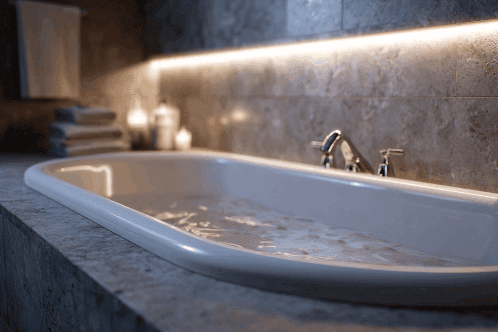 gros plan d’une baignoire moderne en salle de bain lumineuse, avec un bouchon de baignoire bloqué