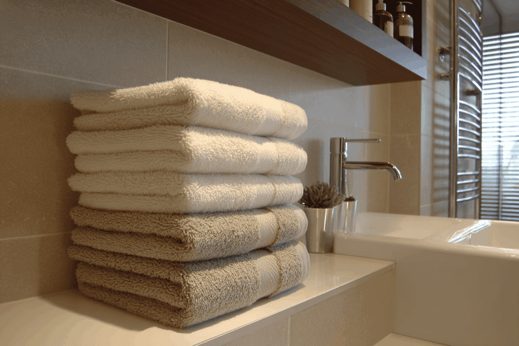 serviettes posées sur l'évier avec sèche serviette à côté