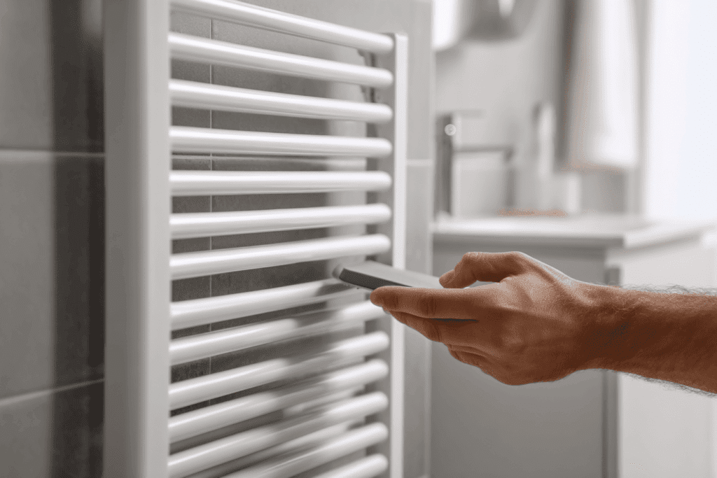 gros plan zoom sur un radiateur avec un outil pour purger et une main