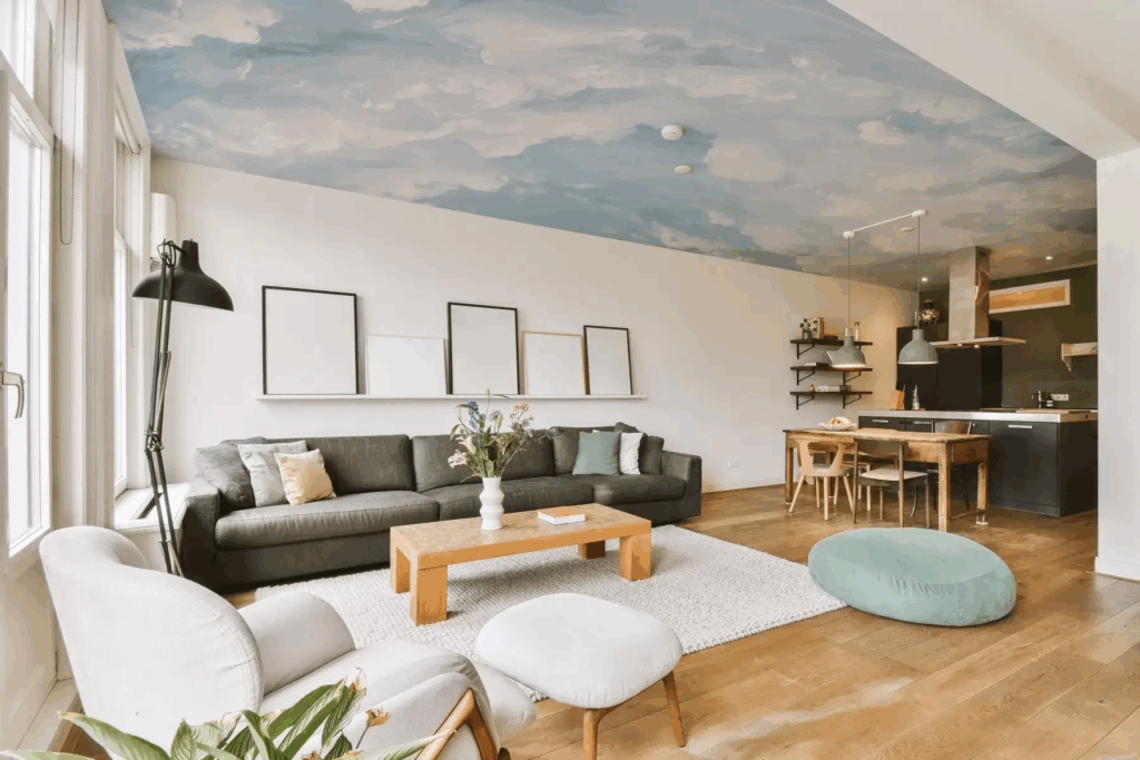 papier peint bleu ciel salon