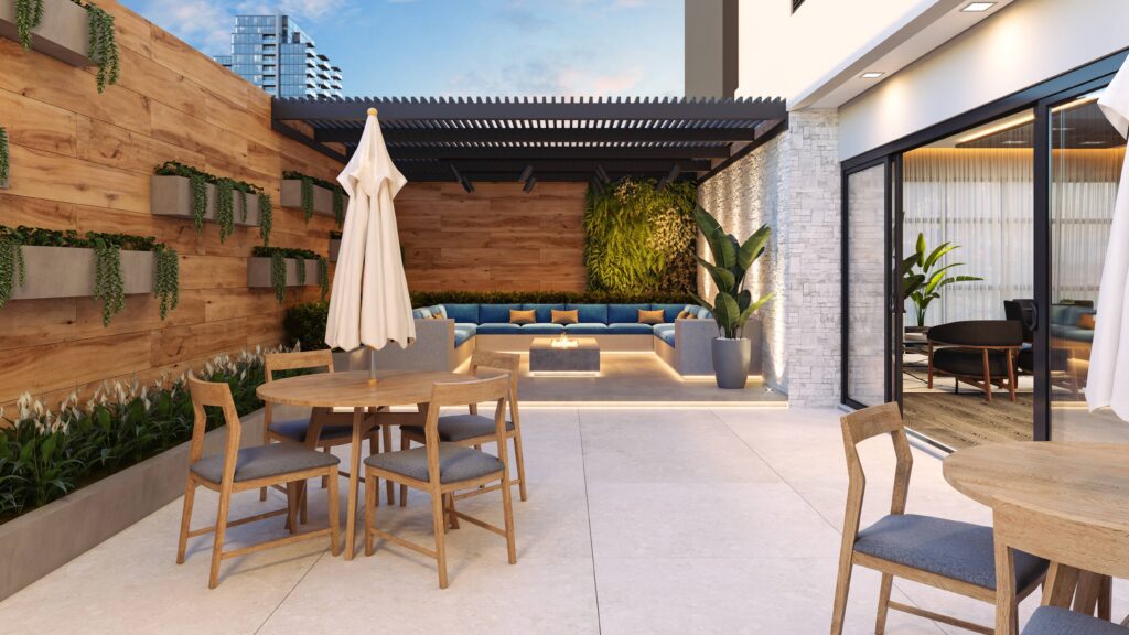 belle terrasse avec étagères sur le mur cacher mur abimé extérieur