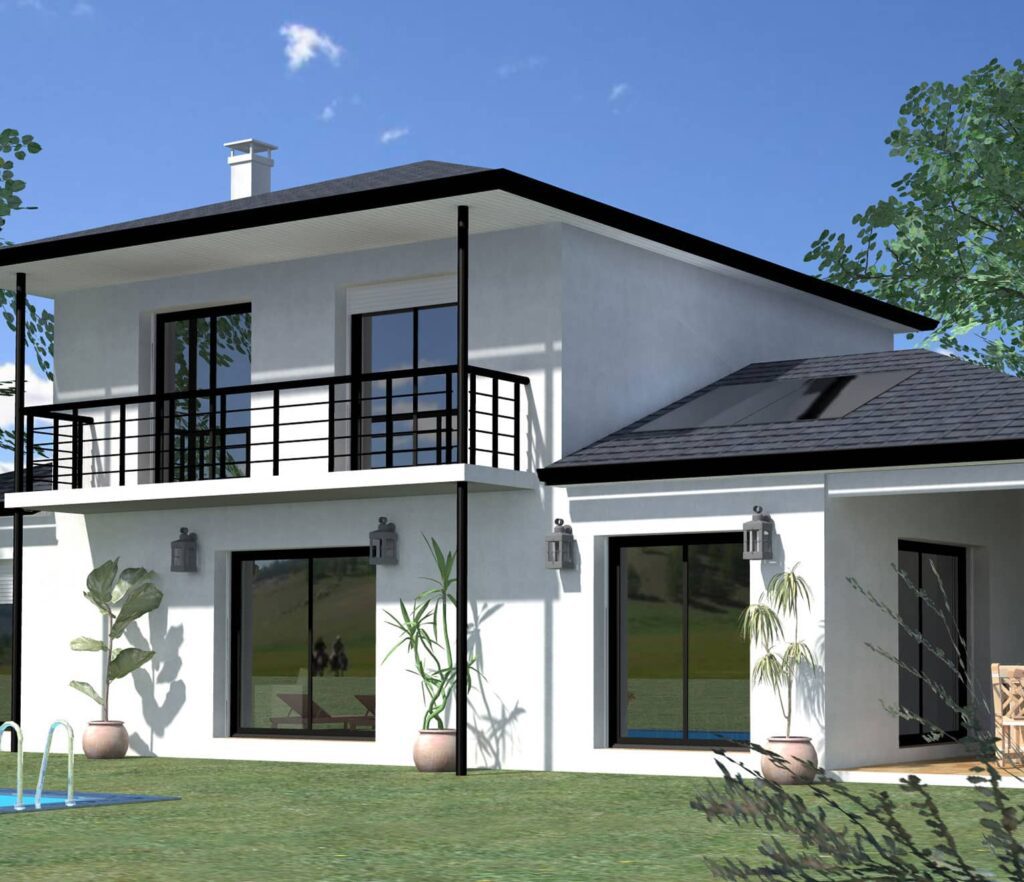 maison plain pied 3d avec balcon grandes baies vitrées cheminée plan 3d réaliste moderne avantages