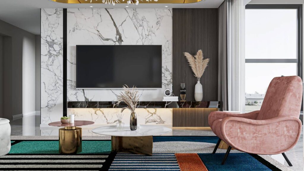 salon avec tapis à motifs géométrique tendance design salon moderne chic