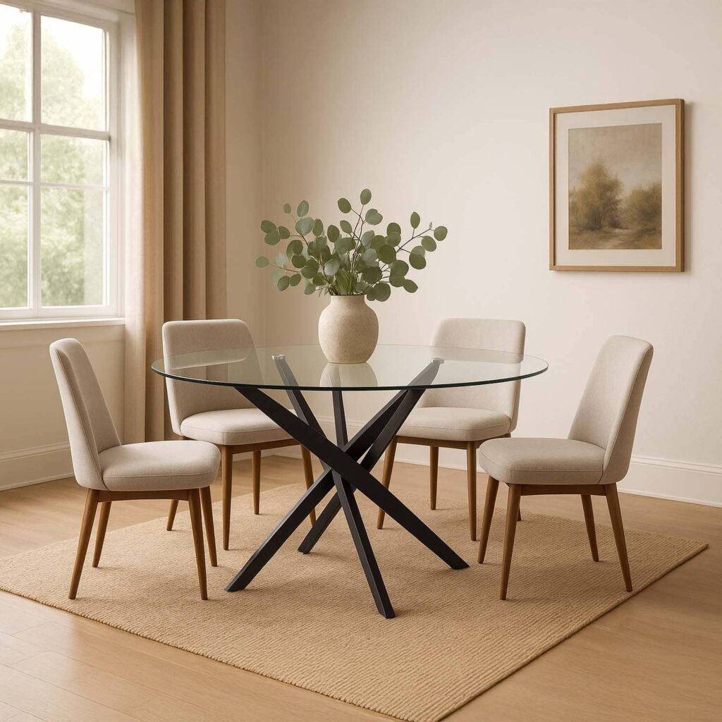 belle table ronde en verre avec pieds noirs chaises blanches salle à manger table à manger tendance design moderne