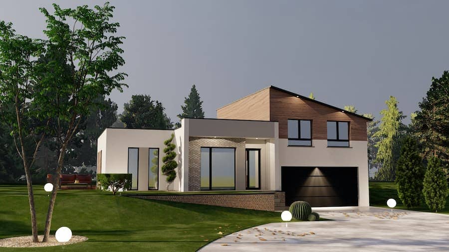 grande maison construite sur terrain en pente modèle plan 3D aménagement et conception construction maison sur pente