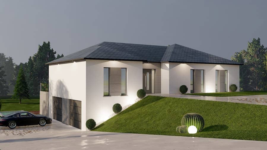 maison construite sur terrain en pente modèle plan 3D aménagement et conception construction maison sur pente avec garage sur le côté