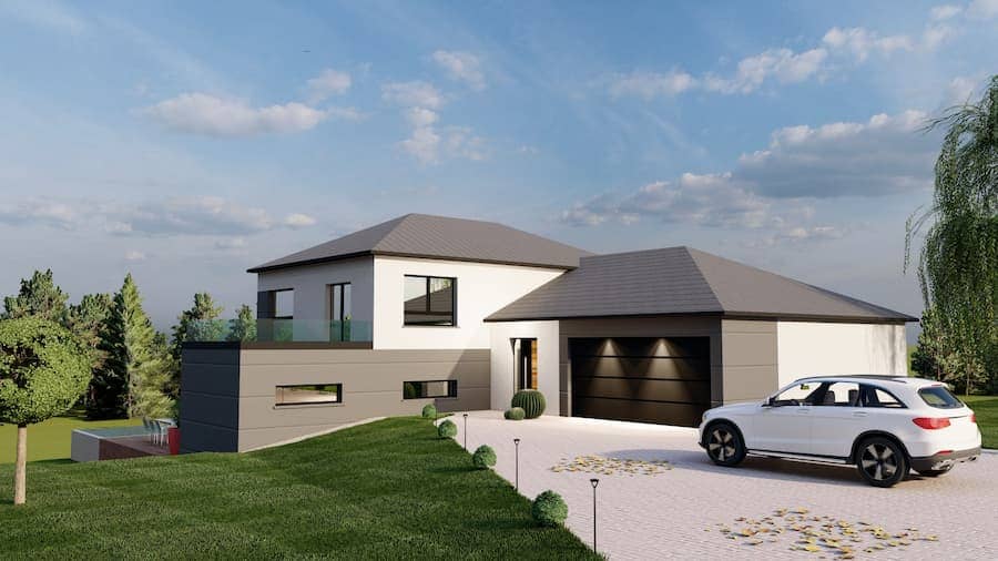 maison construite sur terrain en pente modèle plan 3D aménagement et conception construction maison sur pente en 3 niveaux