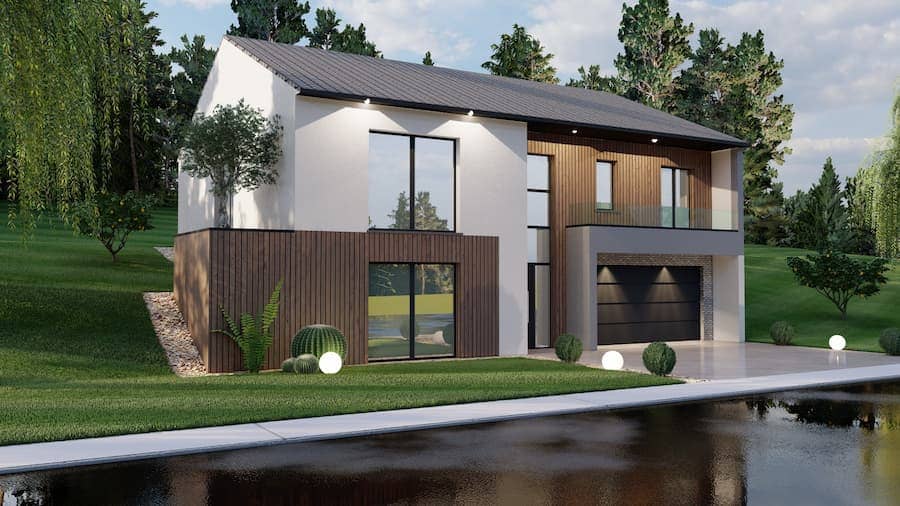 maison construite sur terrain en pente modèle plan 3D aménagement et conception construction maison sur pente maison à étage