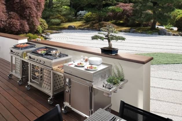 aménagement barbecue coin espace barbecue cuisine d'extérieur design tendance blanc bois