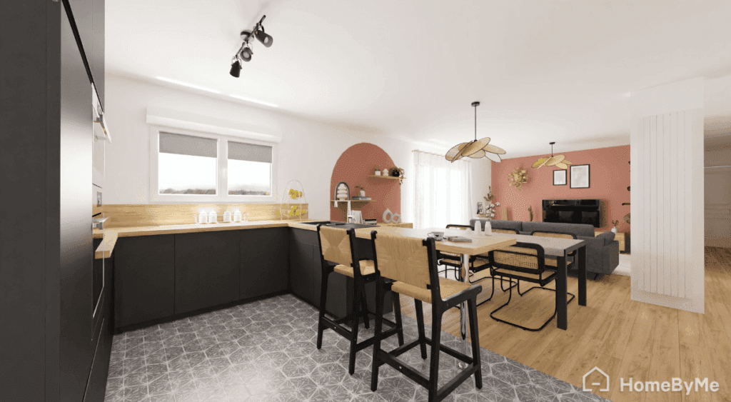 aménagement d'une petite cuisine noir bois et salle à manger avec bar et chaises tabourets