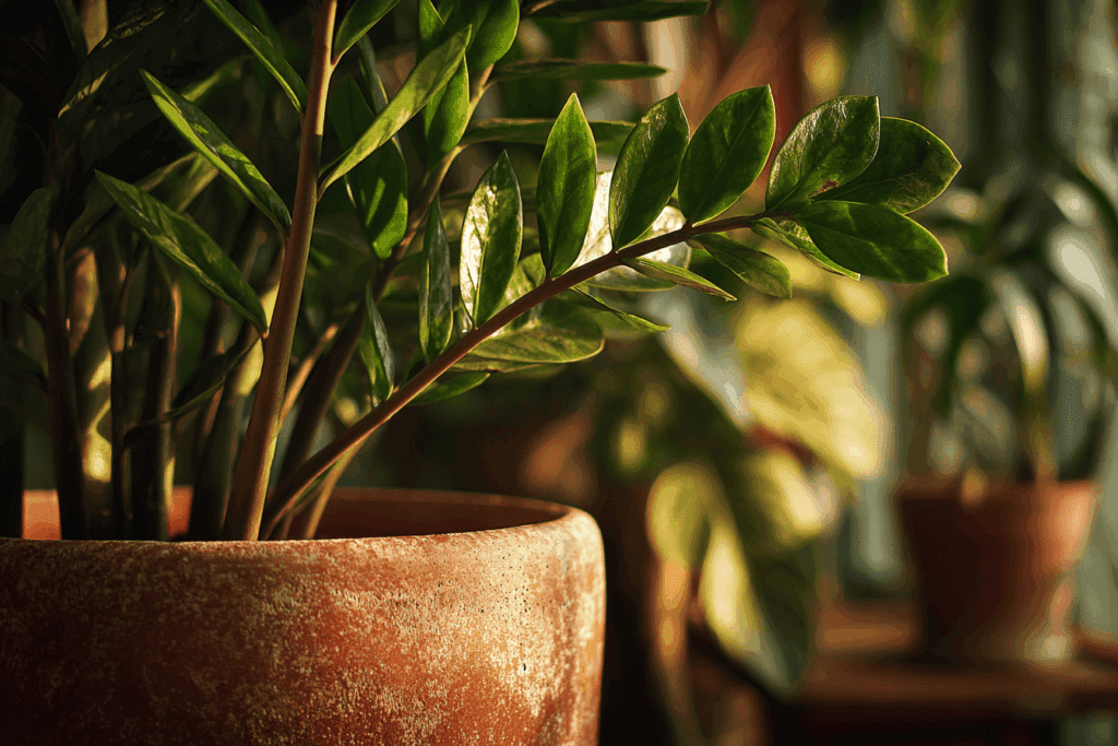 Gros plan détaillé d’une Zamioculcas avec tiges penchées et feuilles lourdes, texture brillante des feuilles, pot en terre cuite, lumière naturelle, rendu très réaliste, profondeur de champ douce, ambiance botanique.