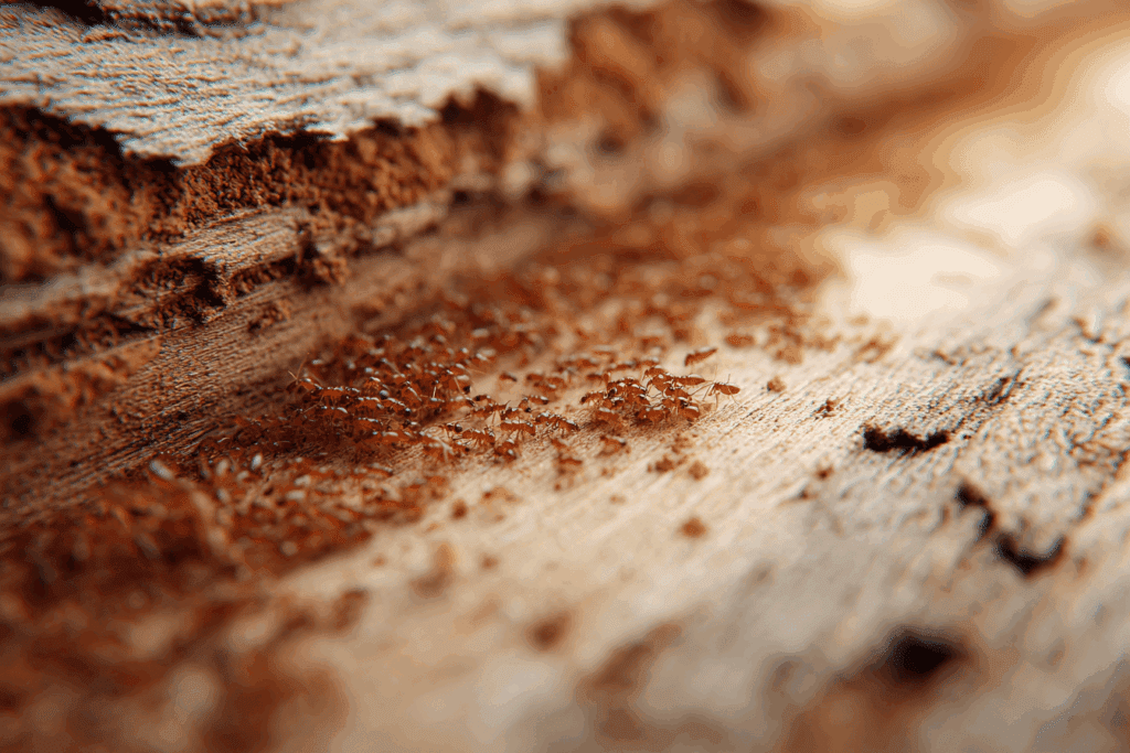 Gros plan macro de termites sur une surface en bois abîmée, texture détaillée du bois rongé, profondeur de champ faible, rendu ultra réaliste, style photographie macro naturelle.