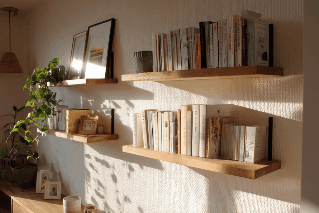 Intérieur lumineux style scandinave, mur blanc texturé, comparaison côte à côte : à gauche une étagère murale fixée sur tasseaux en bois massif invisibles, rendu minimaliste et épuré ; à droite une étagère fixée avec équerres métalliques noires industrielles visibles, style loft. Décoration avec livres, plante verte et objets déco. Lumière naturelle douce, photographie réaliste haute résolution, ambiance chaleureuse.