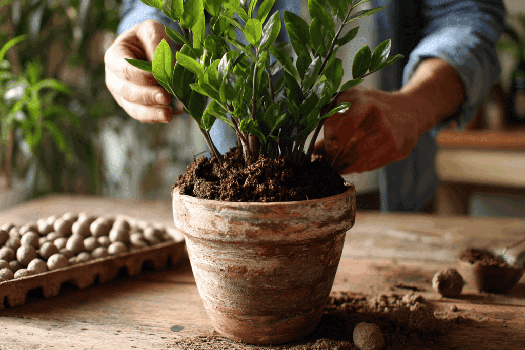 Zamioculcas dans un pot avec terre humide visible, soucoupe remplie d’eau stagnante, feuilles légèrement jaunies et tiges tombantes, intérieur lumineux, mise en scène pédagogique montrant un excès d’arrosage, photographie réaliste. rempotage bouturage