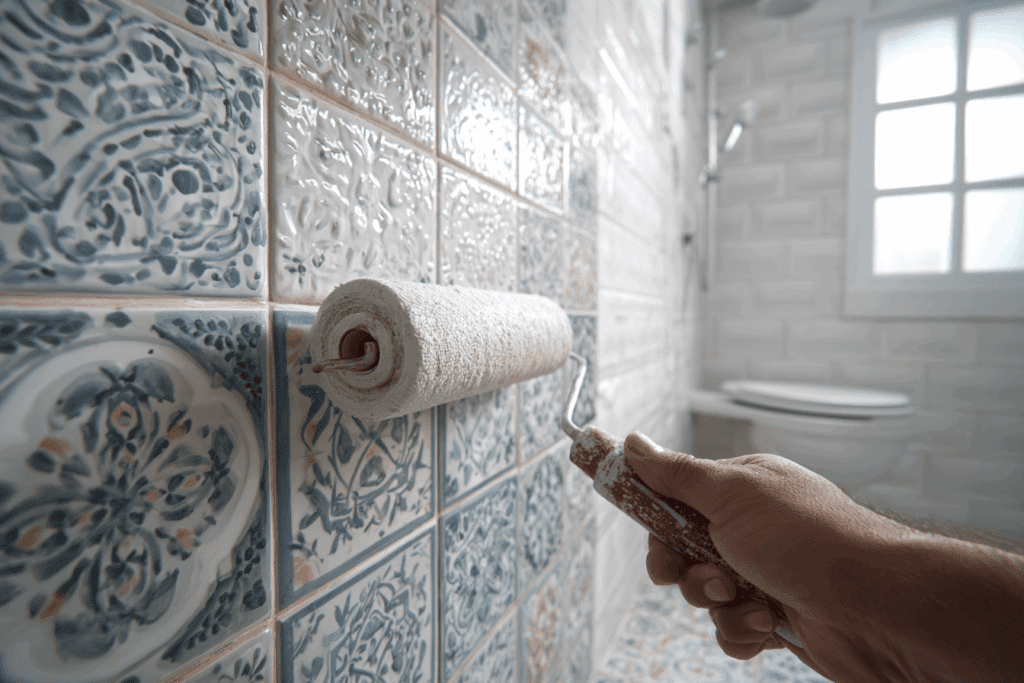 homme qui peint les carreaux du mur de la salle de bain peinture carrelage salle de bains tutoriel bonne ou mauvaise idee application sous couche ancienne salle de bain