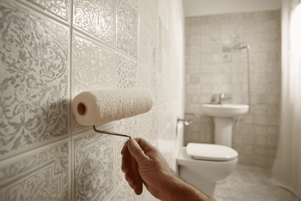 homme qui peint les carreaux du mur de la salle de bain peinture carrelage salle de bains tutoriel rouleau de peinture