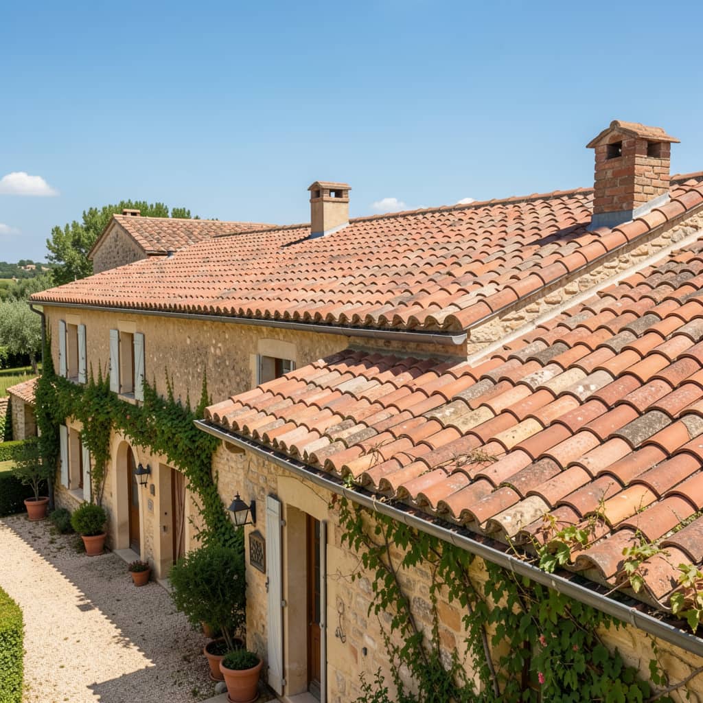 Couvreur toiture tuile romane Maison traditionnelle avec une toiture en tuiles romanes rouges, alignement des tuiles ondulées