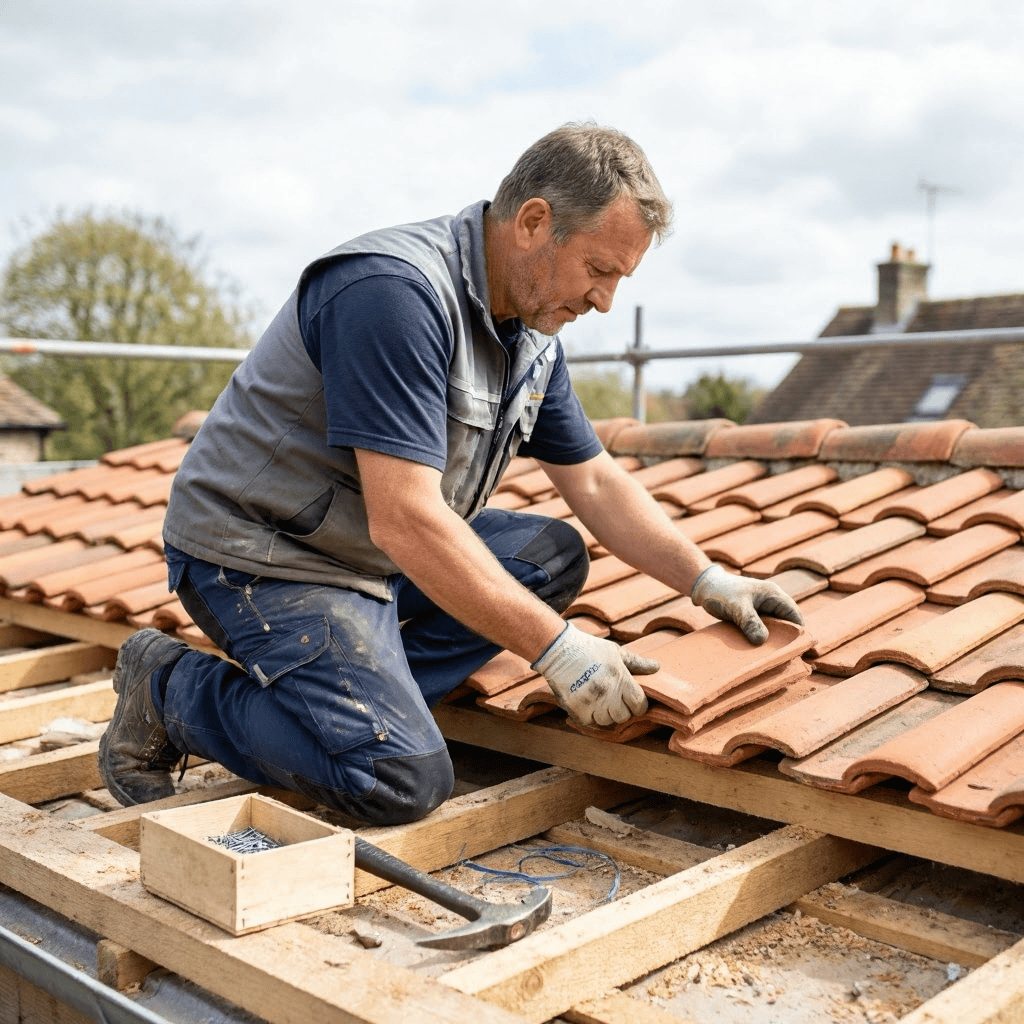 Couvreur professionnel installant des tuiles romanes sur une charpente en bois, outils de couverture visibles, chantier de rénovation de toiture, toiture en tuile romane