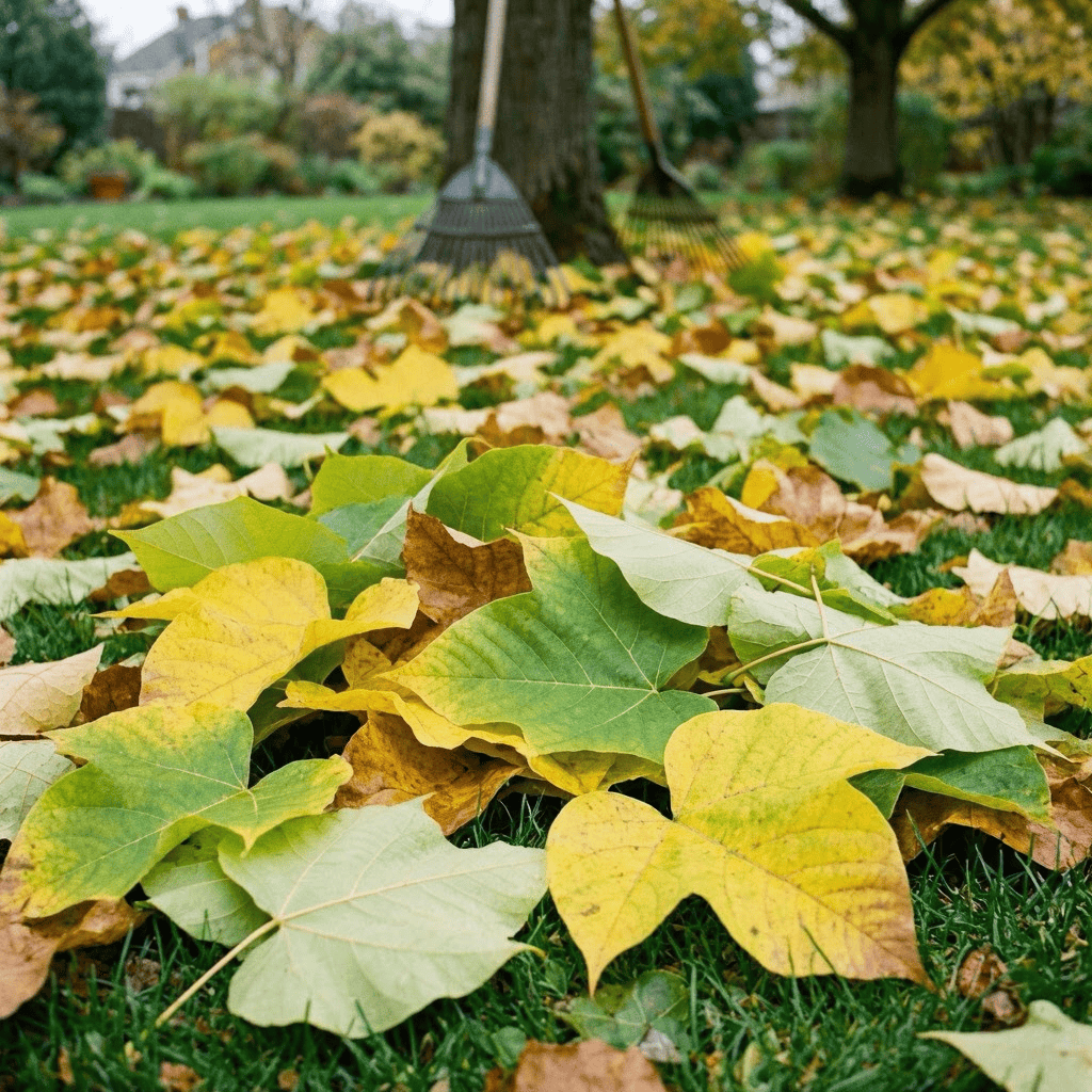 Sol de jardin recouvert de grandes feuilles de catalpa tombées en automne, feuilles vertes et jaunies éparpillées sur une pelouse, inconvénients du catalpa, catalpa inconvénient