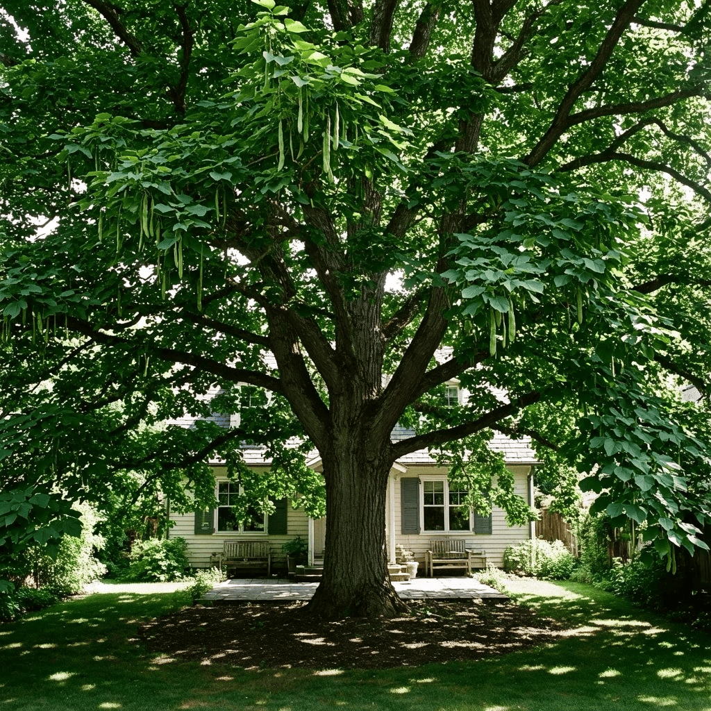 Arbre catalpa avec ses longues gousses pendantes (haricots), certaines tombées au sol dans un jardin, catalpa inconvénients, inconvénient catalpa