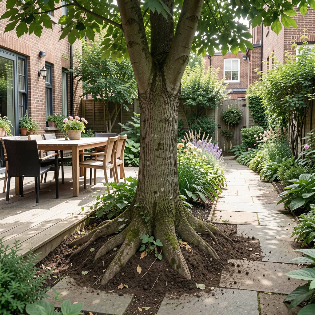 Racines visibles d’un catalpa proche d’une terrasse ou d’une allée de jardin, sol légèrement soulevé autour du tronc, catalpa inconvénients, inconvénient catalpa