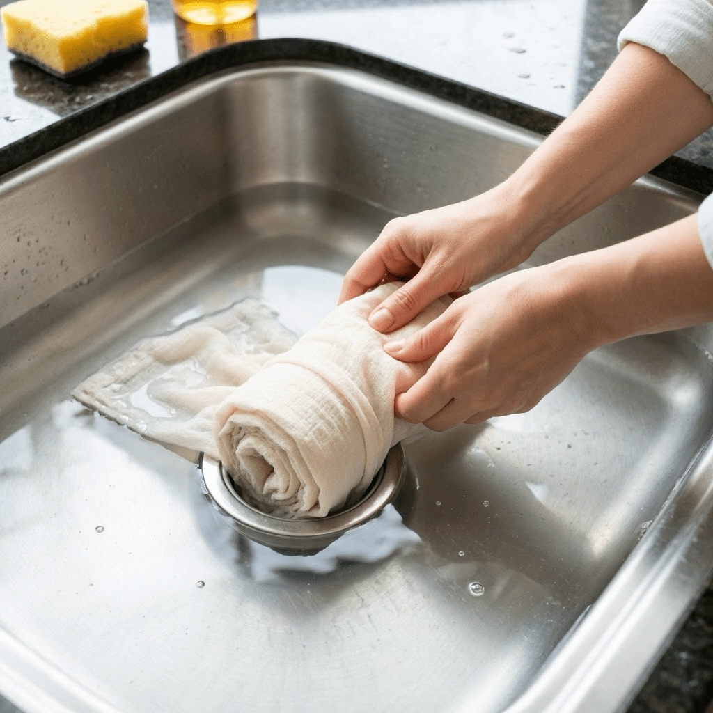 comment boucher un évier sans bouchon, Chiffon roulé placé dans la bonde d’un évier pour empêcher l’eau de s’écouler, évier rempli d’eau, mains en train d’installer l’astuce, éponge ou gant de toilette sac plastique