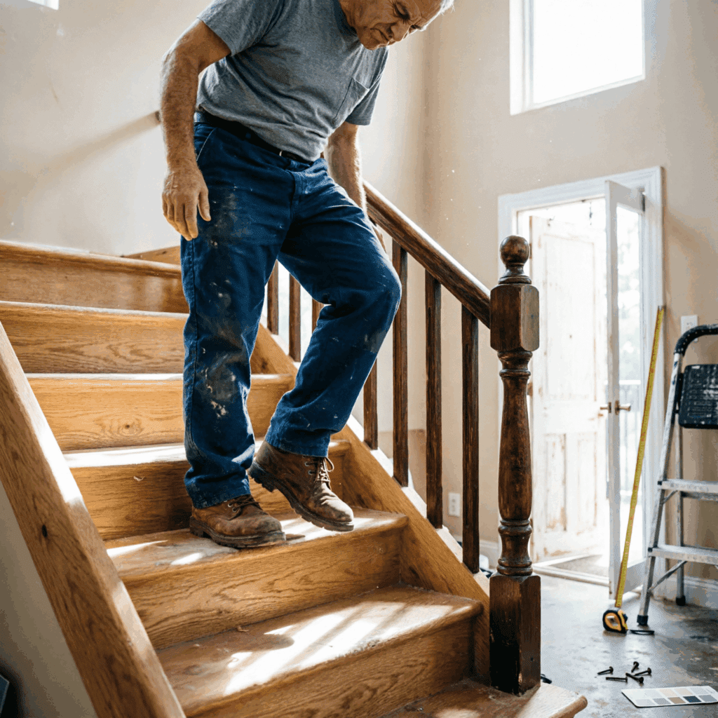 Escalier en bois dans une maison avec une personne posant le pied sur une marche, expression illustrant un grincement, intérieur lumineux, style photographie réaliste de rénovation maison, ambiance bricolage domestique. comment rendre un escalier silencieux