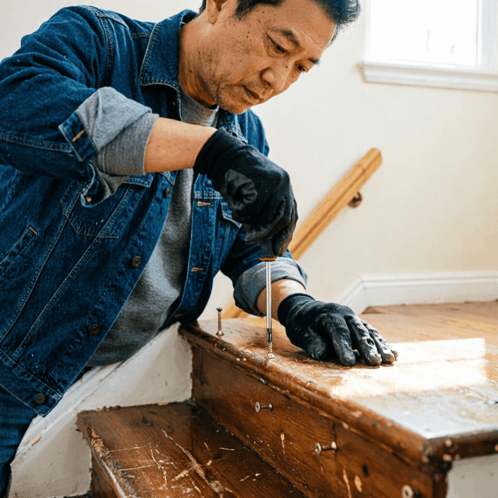 Installation de bandes feutrées ou patins anti-bruit sous une marche d’escalier, mains d’un bricoleur en train de fixer le matériau, style photographie tutoriel DIY maison, ambiance rénovation. rendre un escalier silencieux