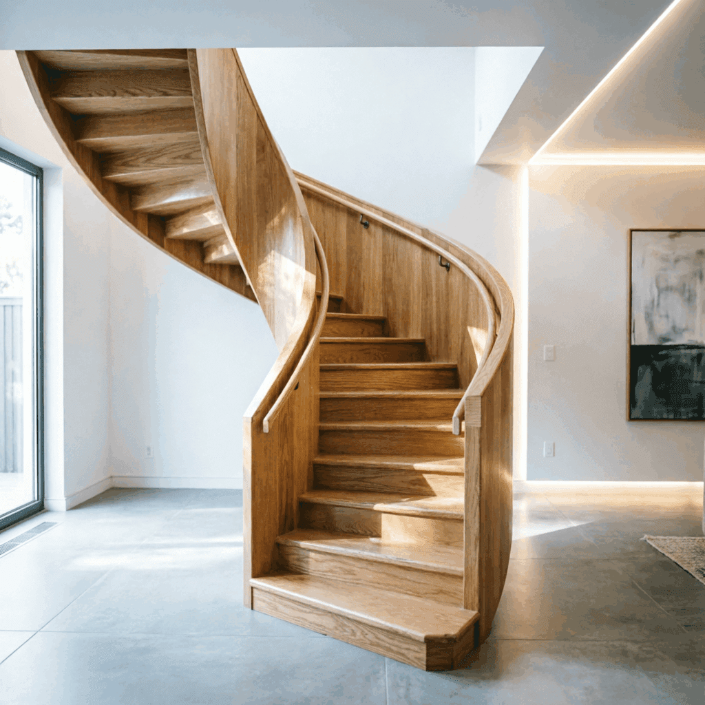 comment rendre un escalier silencieux Bel escalier en bois rénové dans un intérieur moderne, marches propres et bien fixées, ambiance maison calme et confortable, style photographie immobilière lumineuse et réaliste.