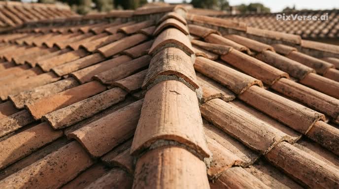 gros plan toiture tuile romane maison traditionnelle avec une toiture en tuiles romanes rouges, alignement des tuiles ondulées couvreur