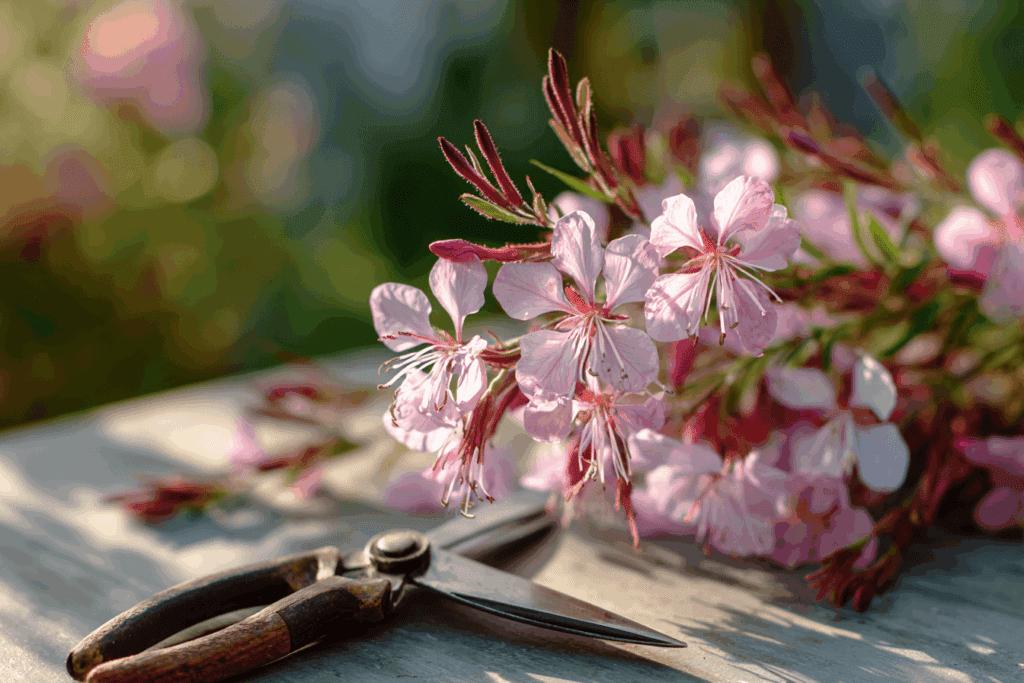 tige de gaura avec petites fleurs sur une table couleur naturelle