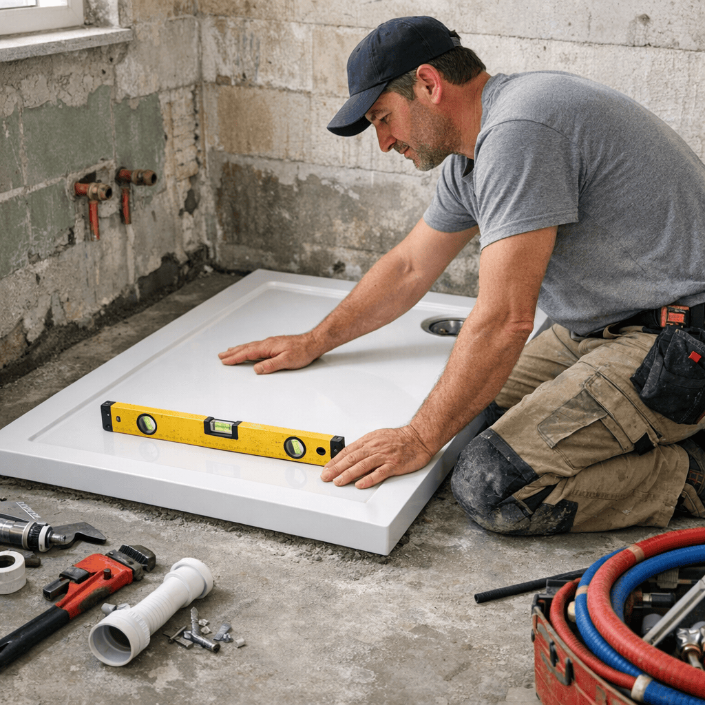 Artisan installant un receveur de douche extra plat sur une chape de béton dans une salle de bain en rénovation, outils de plomberie visibles, niveau à bulle posé sur le receveur, style photographie réaliste de chantier, lumière naturelle. Pose receveur extra plat sur chape