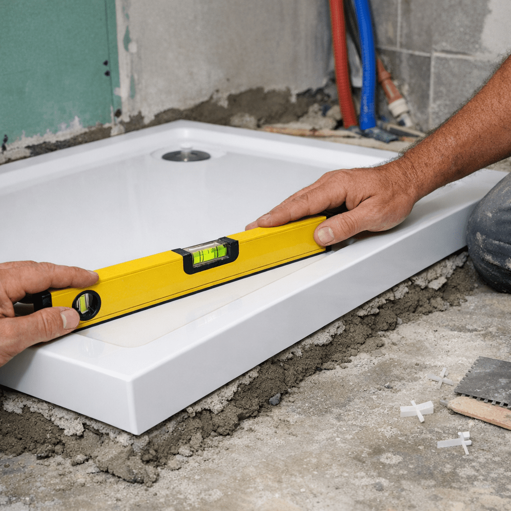 Niveau à bulle posé sur un receveur de douche extra plat pendant la pose sur une chape, mains d’un professionnel vérifiant l’alignement, salle de bain en cours d’installation, style photo tutoriel bricolage. Pose receveur extra plat sur chape