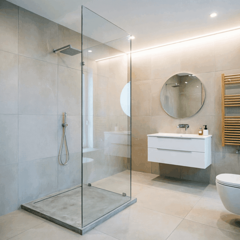 Pose receveur extra plat sur chape Salle de bain moderne avec douche à l’italienne équipée d’un receveur extra plat, carrelage contemporain, ambiance design et minimaliste, photographie immobilière lumineuse.