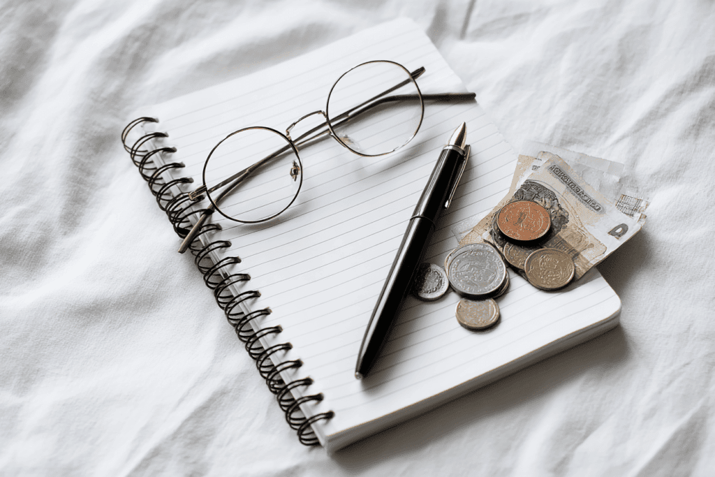 Flat lay on a clean white desk: a notebook with handwritten budget notes, a pen, reading glasses, and a few euro coins and bills, soft natural side lighting, minimalist lifestyle photography, no text, no brand.