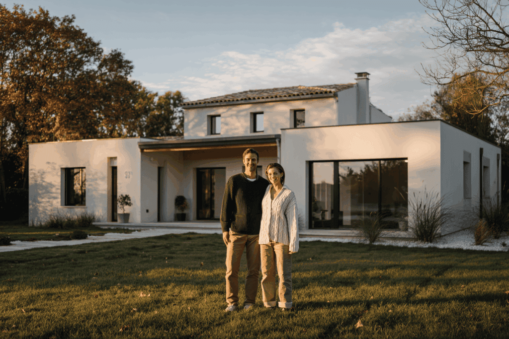 Photorealistic wide shot of a young couple standing in front of their newly built modern French house, bright sunny day, clean white render façade with large windows, green lawn in foreground, warm and welcoming atmosphere, shallow depth of field, golden hour lighting, lifestyle photography style