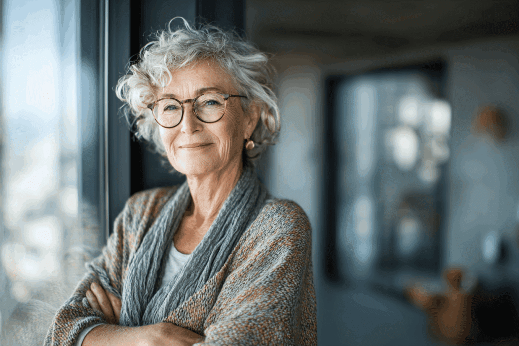 Portrait of a smiling active senior woman, around 68 years old, standing in a bright modern apartment, large windows, contemporary furniture, she looks confident and independent, warm natural light, lifestyle photography, shallow depth of field, no text.