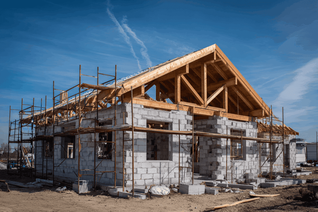 Realistic photo of a residential house under construction in France, concrete block walls being built, wooden roof frame structure visible, construction site with scaffolding, clear blue sky, no workers visible, daytime, natural light, architectural photography style