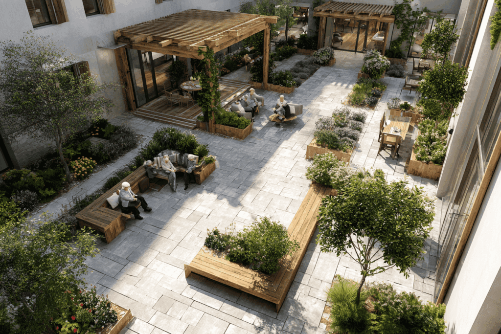 Warm and welcoming aerial view of a modern senior residence in France, sunny courtyard with flowers, wooden benches, well-dressed elderly people chatting and walking, soft natural light, bright and airy atmosphere, editorial photography style, no text.